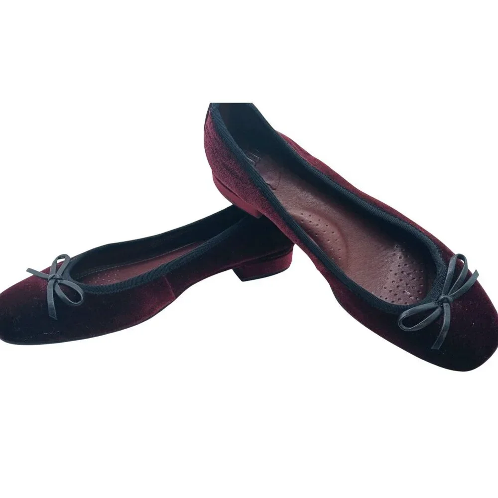 Born Ono Hallada Wine Velvet Ballet Flats Bow Shoes Size 8.5 Stacked Low Heel - Picture 10 of 15